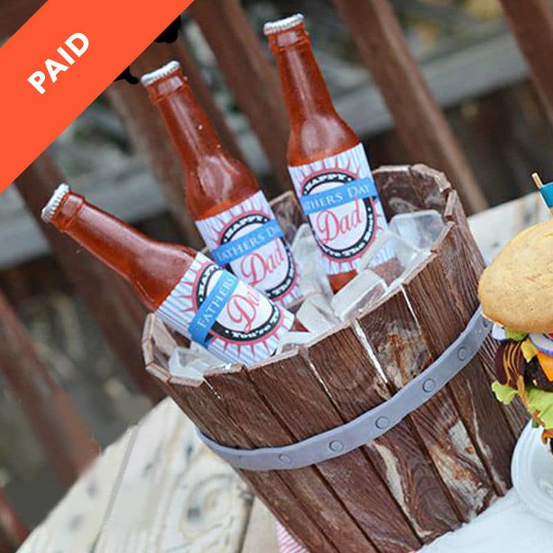 edible beer bottle cake with realistic wooden barrel and sugar ice cubes