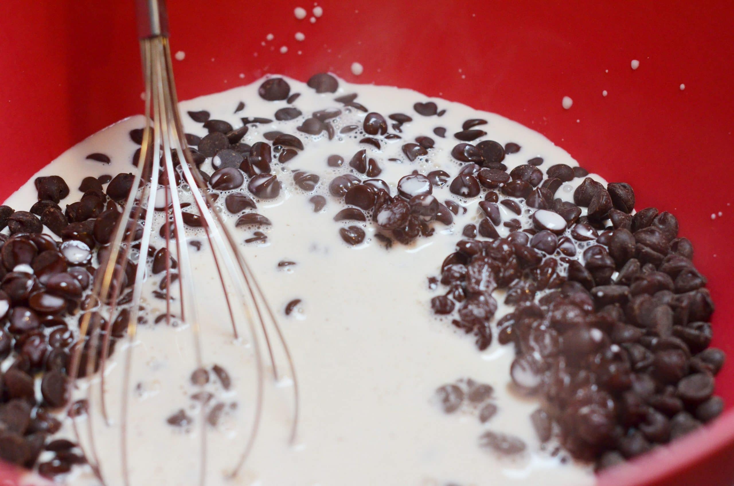 pour heavy cream over the chocolate in a bowl and make sure the cream is completely covering the chocolate