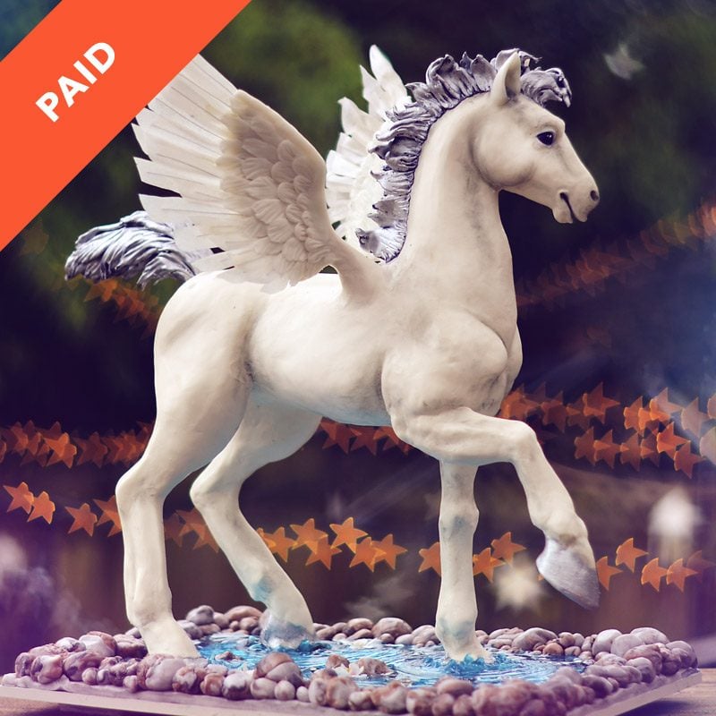 Baby Pegasus Cake Tutorial with Feather Wings Purple Mane and Reflective Isomalt Water with Rocks