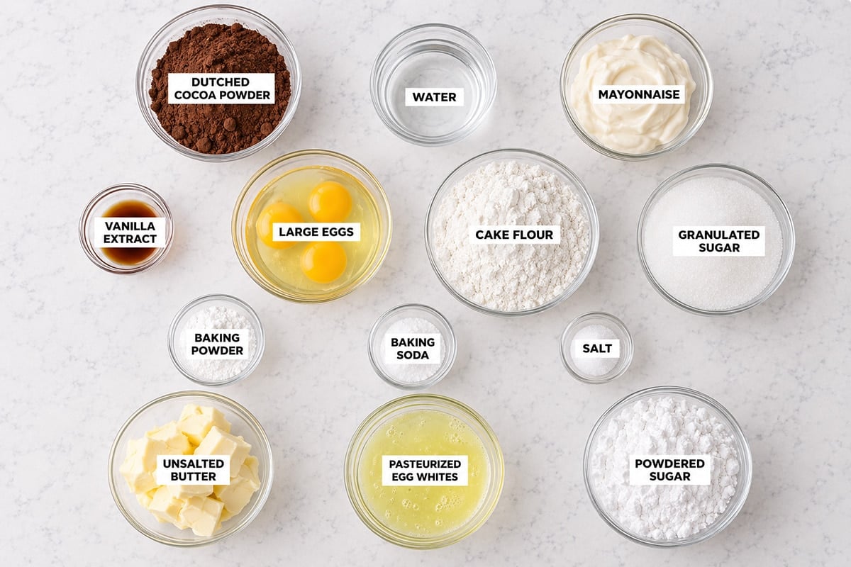 Chocolate mayonnaise cake ingredients in glass bowls with labels.