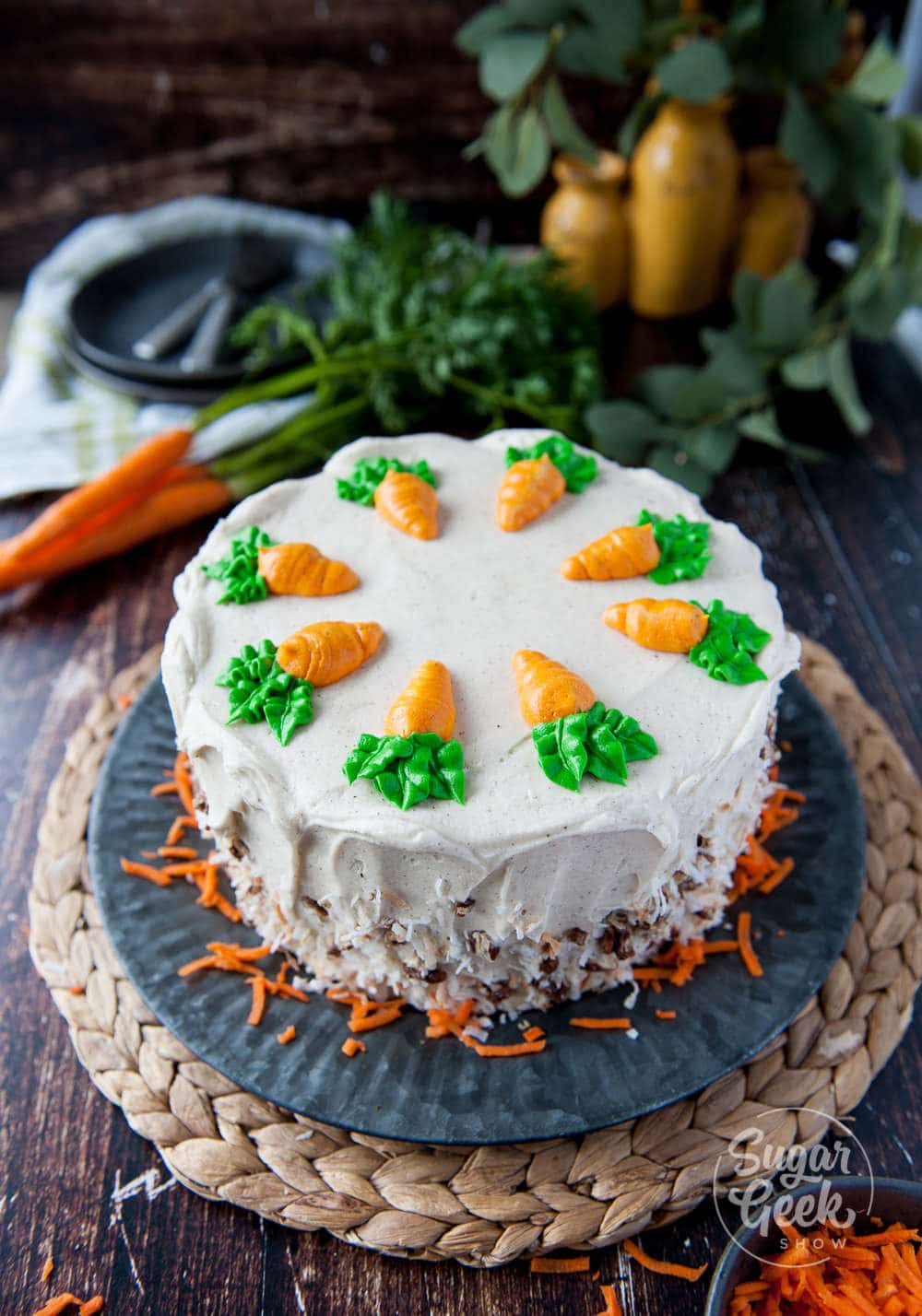 carrot cake with brown butter cream cheese frosting and buttercream carrots