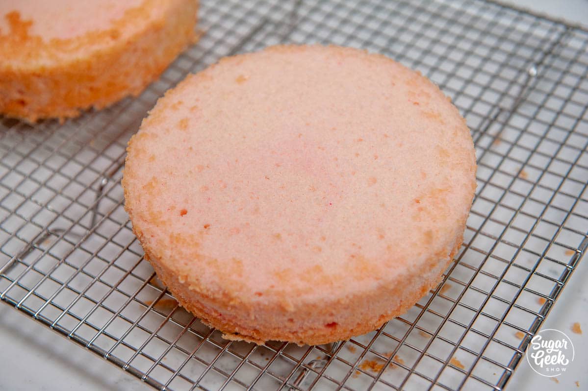 pink champagne cake on a cooling rack