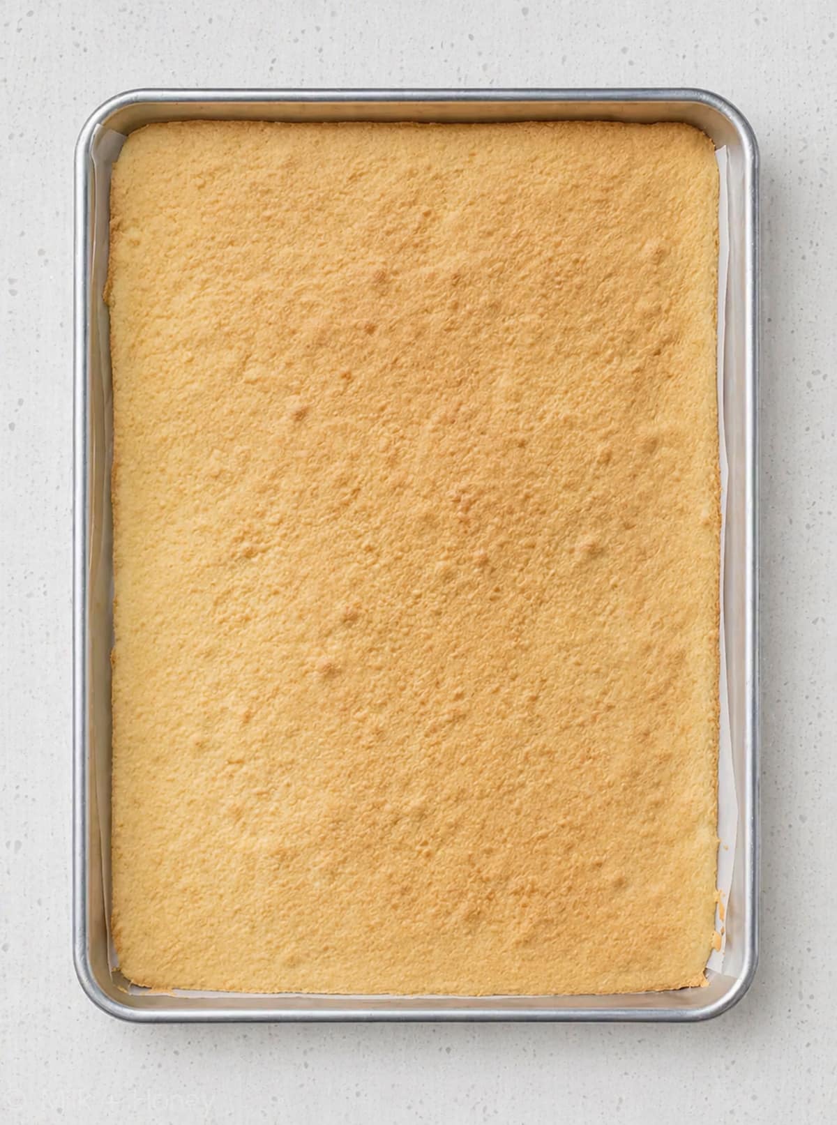 Golden brown cake in a sheet pan.