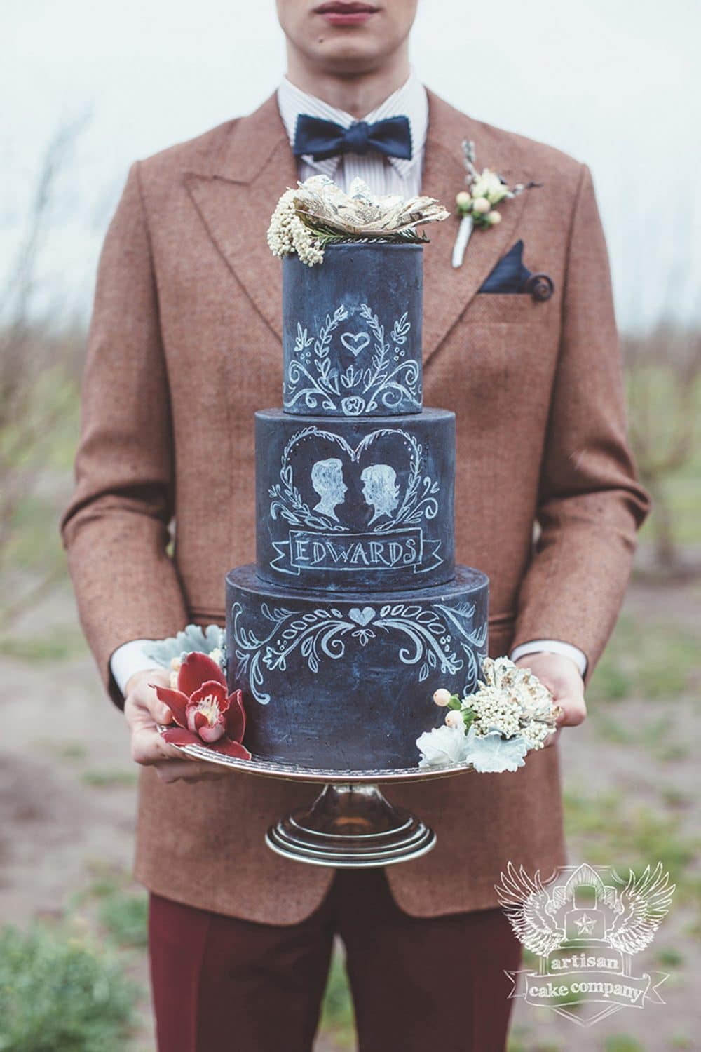 black fondant chalkboard wedding cake