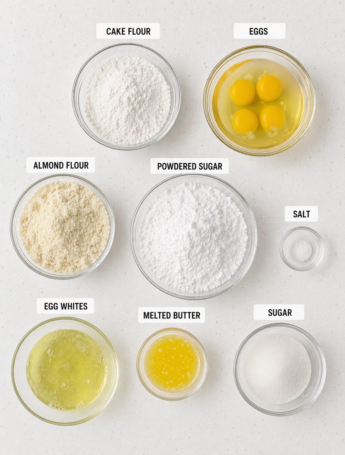 Joconde ingredients in bowls on a white countertop