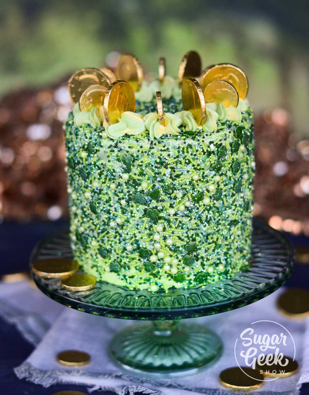 St. Patrick's day cake made with green velvet cake, custom sprinkles and your own edible glitter