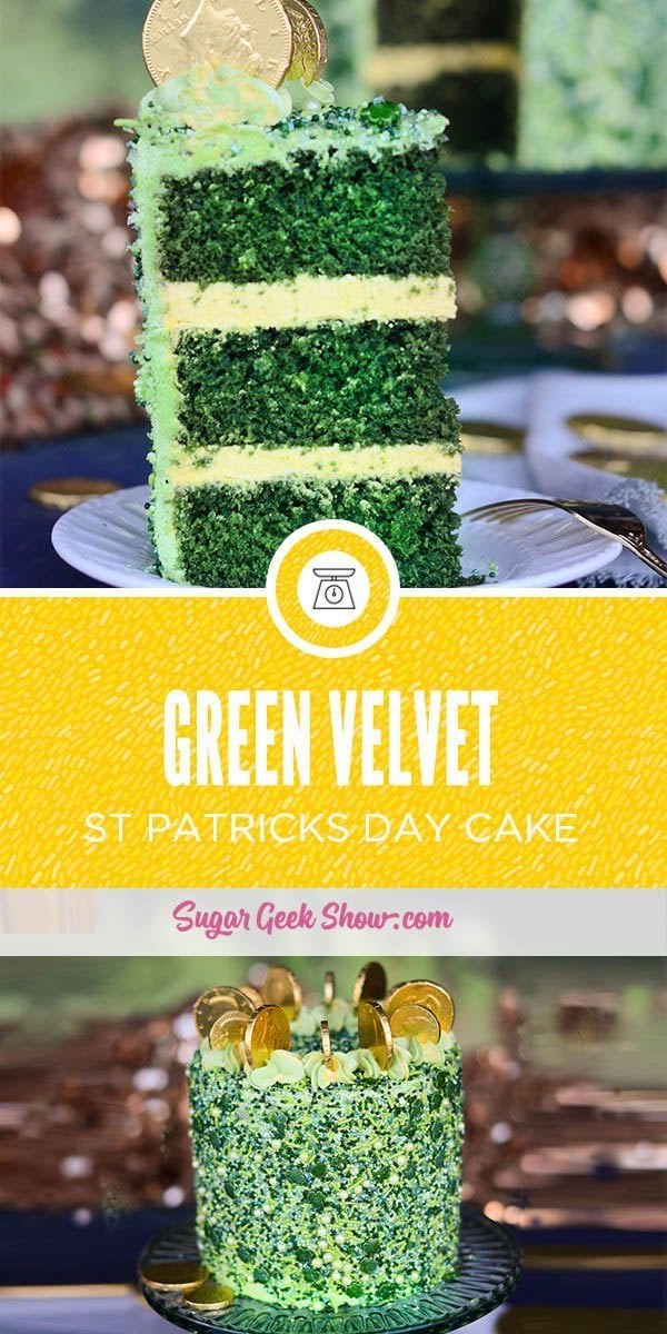 This St. Patrick's Day cake is made with a delicious green velvet cake and swiss meringue buttercream. My favorite part is the green sprinkles and the gold coins on top! The perfect, easy St. Patrick's Day cake idea!