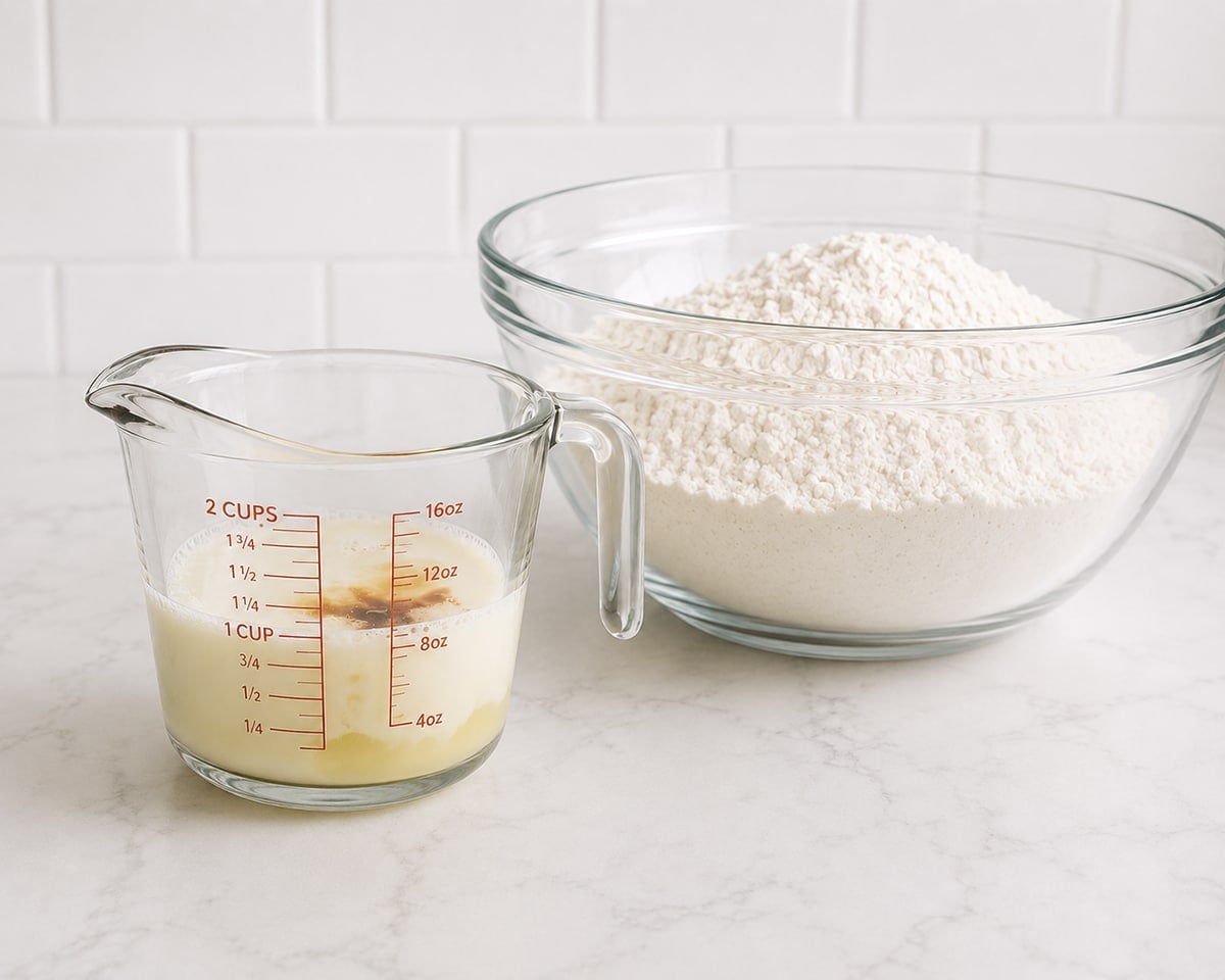 Measuring cup of liquid ingredients in front of a clear glass bowl of flour in a white kitchen.