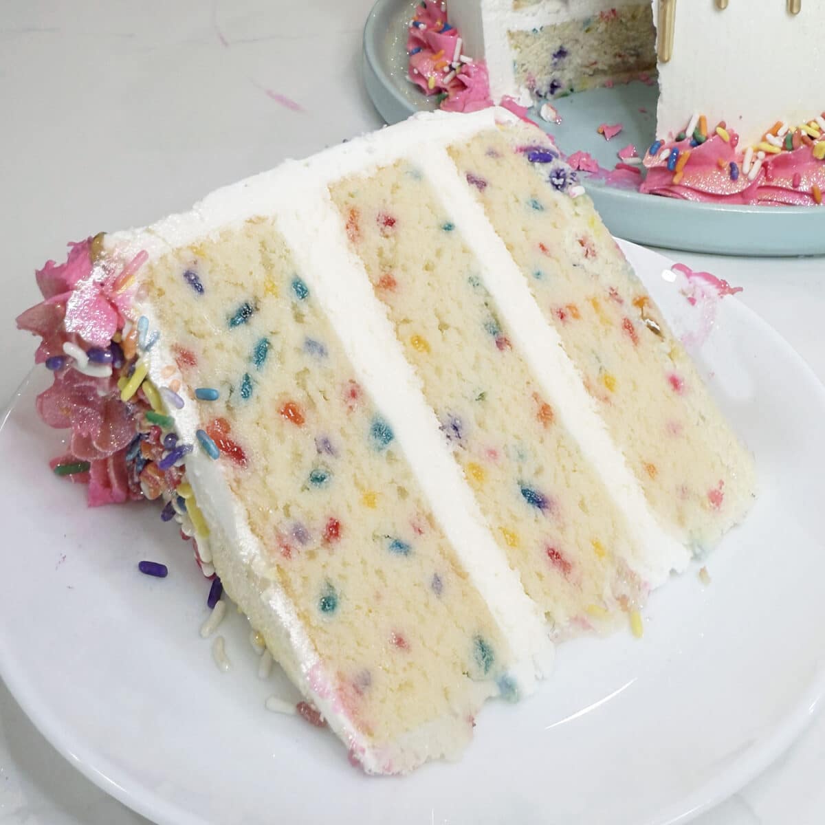 closeup of a slice of funfetti cake