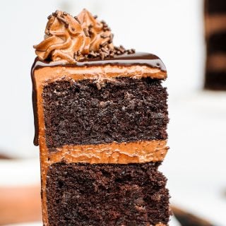 death by chocolate cake made from dark beer, lots of butter and mini chocolate chips. Topped with chocolate cream cheese frosting, this is a decadent cake not for the faint of heart
