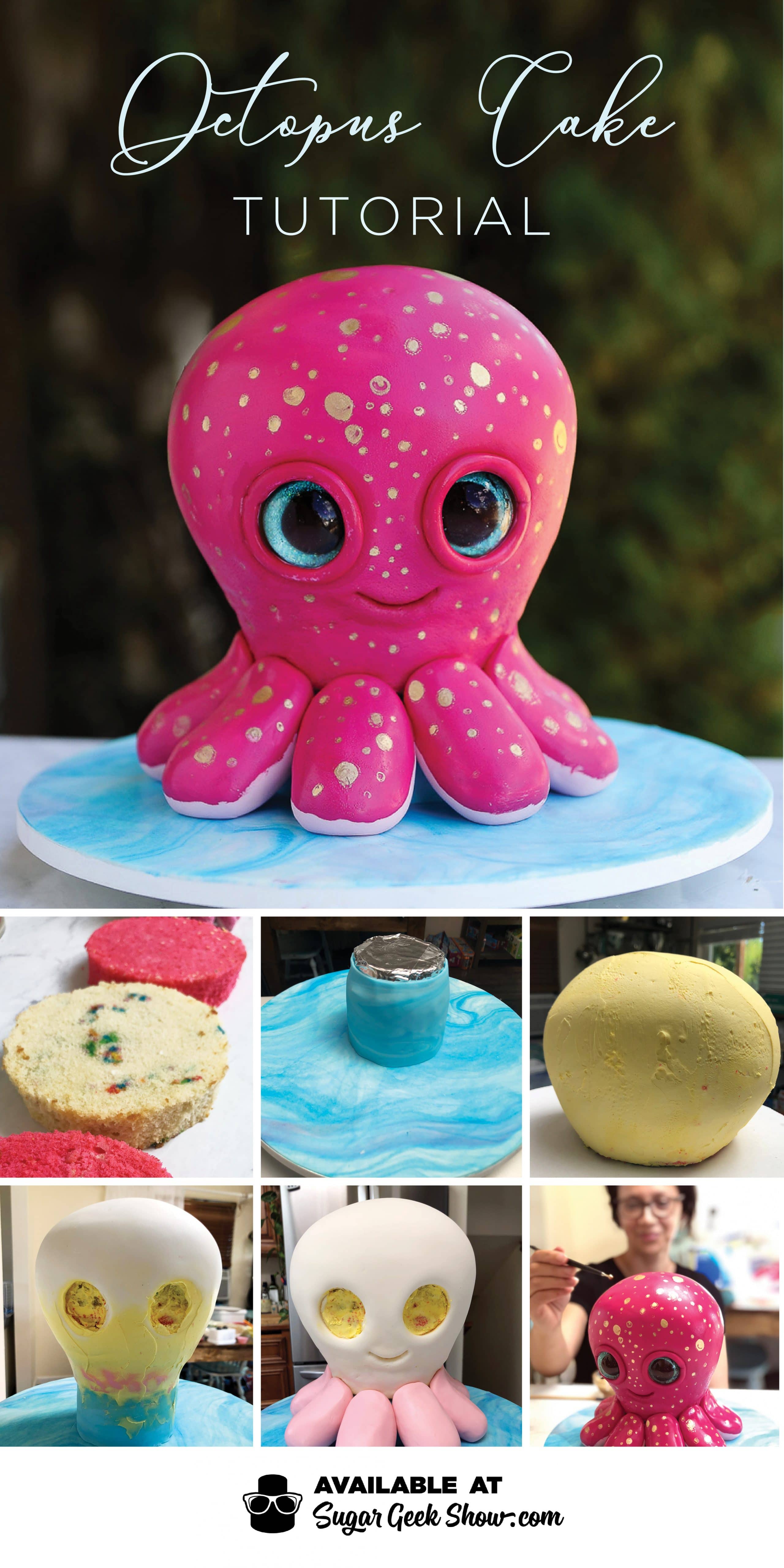 This adorable octopus cake is so fun to make! Easy cake structure, simple sculpting, edible glitter eyes and so much more! 