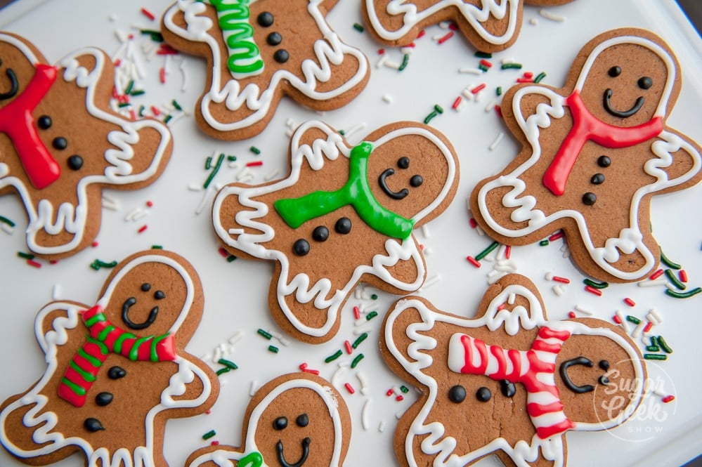 close up of gingerbread cookies on a white background