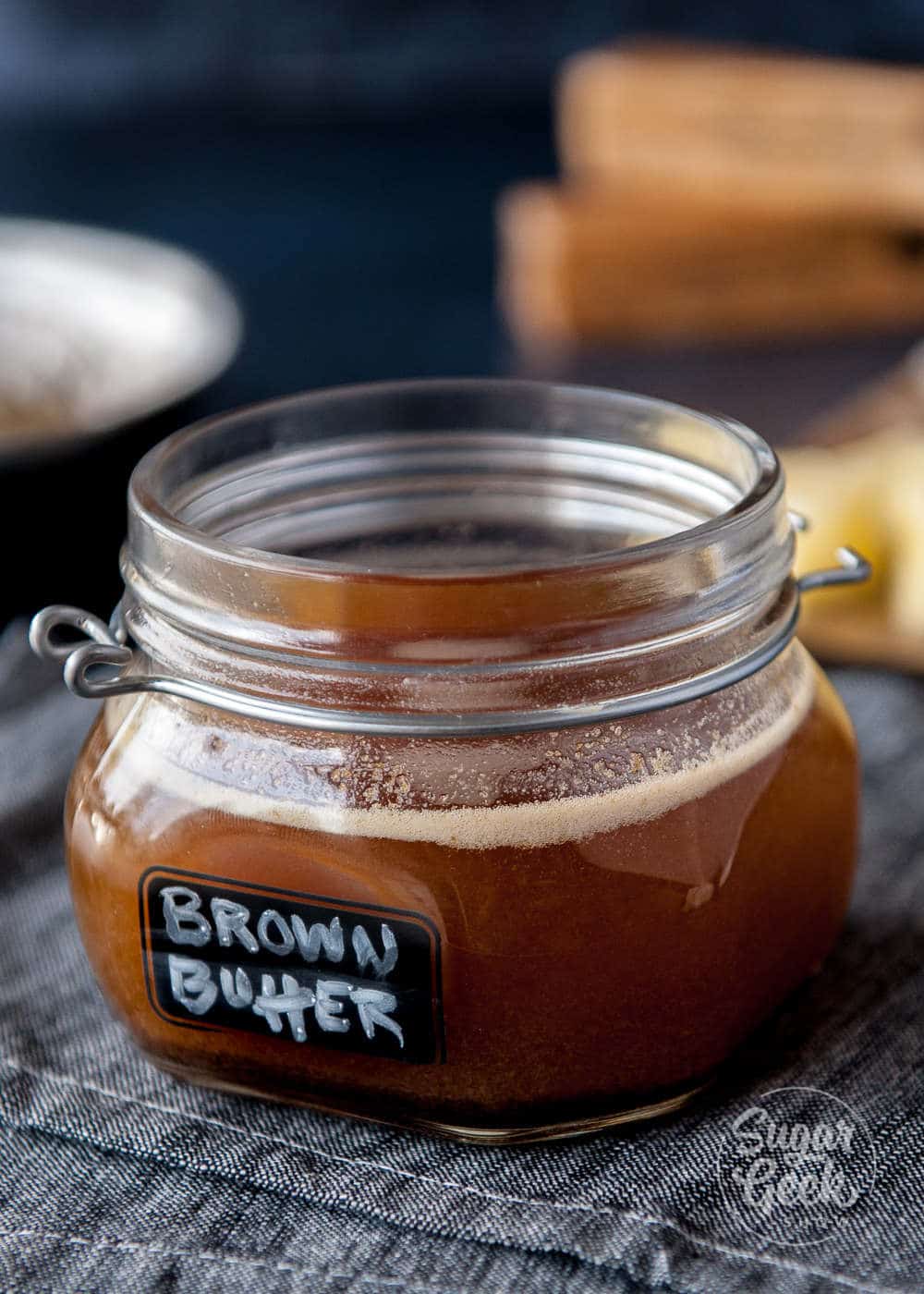 brown butter in clear jar