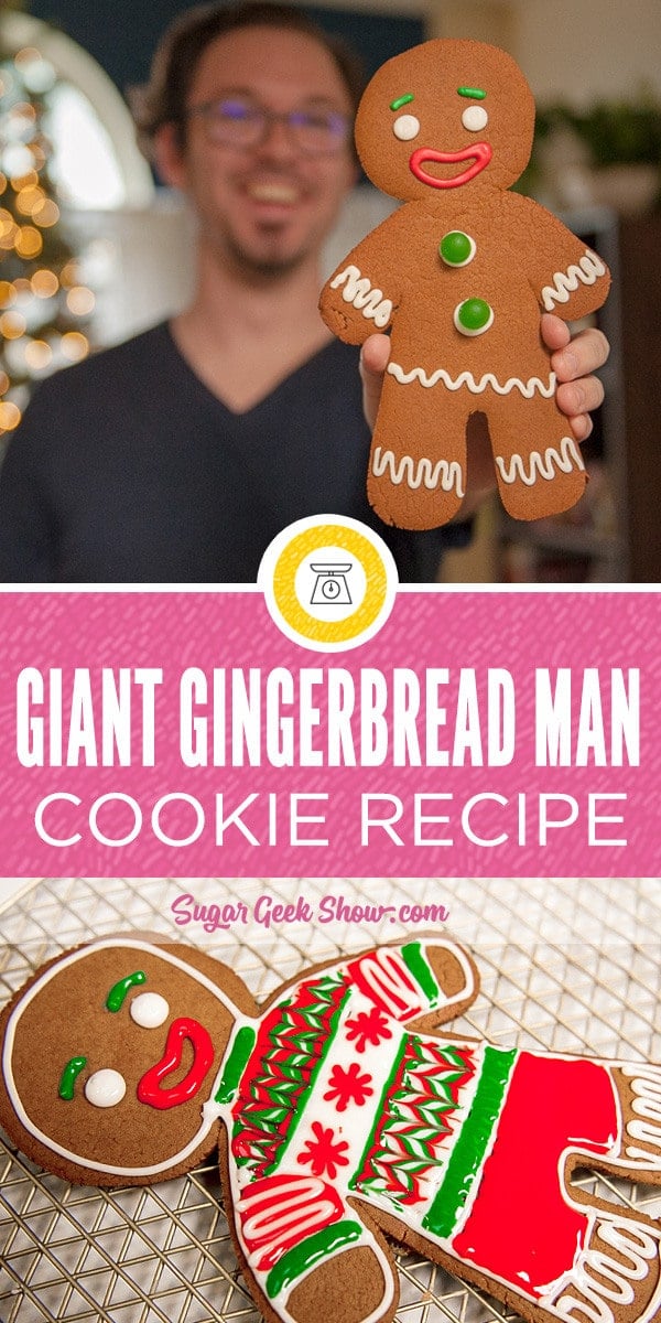 What to do with that leftover gingerbread cookie dough? Make some giant gingerbread men of course! This giant gingerbread cookie with royal icing piping makes an excellent gift for a cookie exchange or an alternative to decorating a gingerbread house! Best part? The cookies are DEE LISH US! Soft and chewy from molasses, butter and sugar. You might want to be prepared to eat more than one. Download the free giant gingerbread man template! 