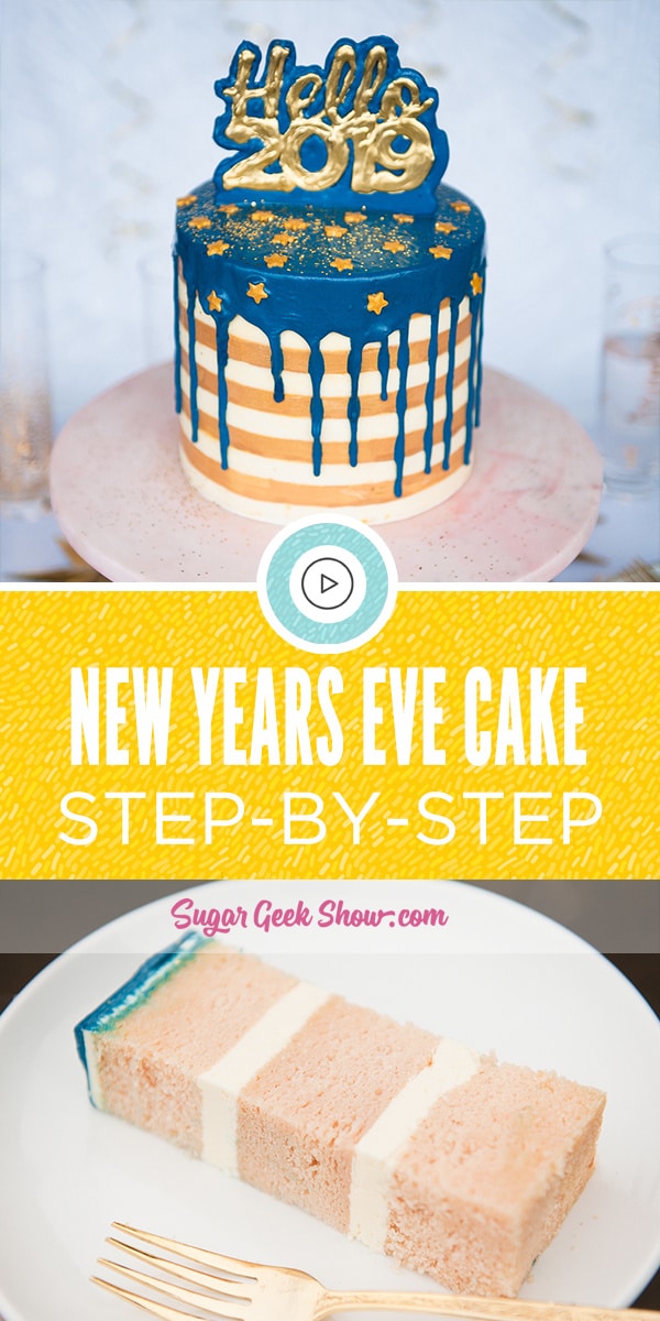 New Years Eve Cake tutorial with buttercream stripes, water ganache drip and chocolate cake topper with free template! Super fun and simple cake for a New Years Eve celebration!