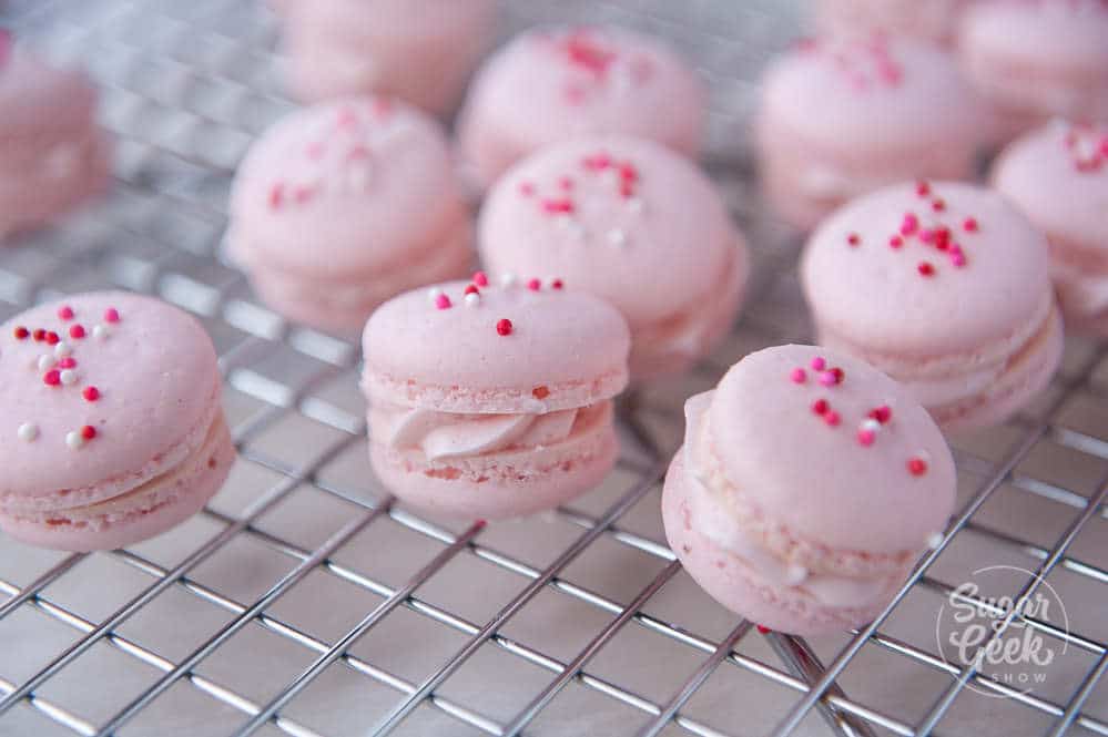 strawberry macarons filled with italian meringue buttercream
