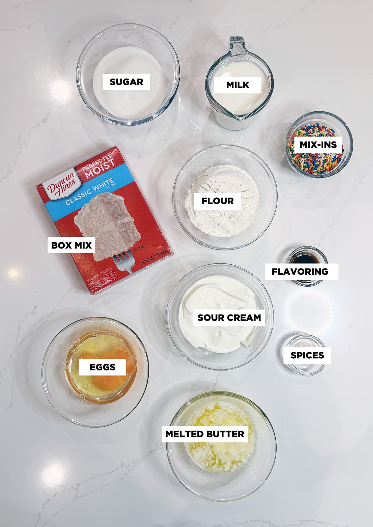 doctored box mix ingredients in bowls