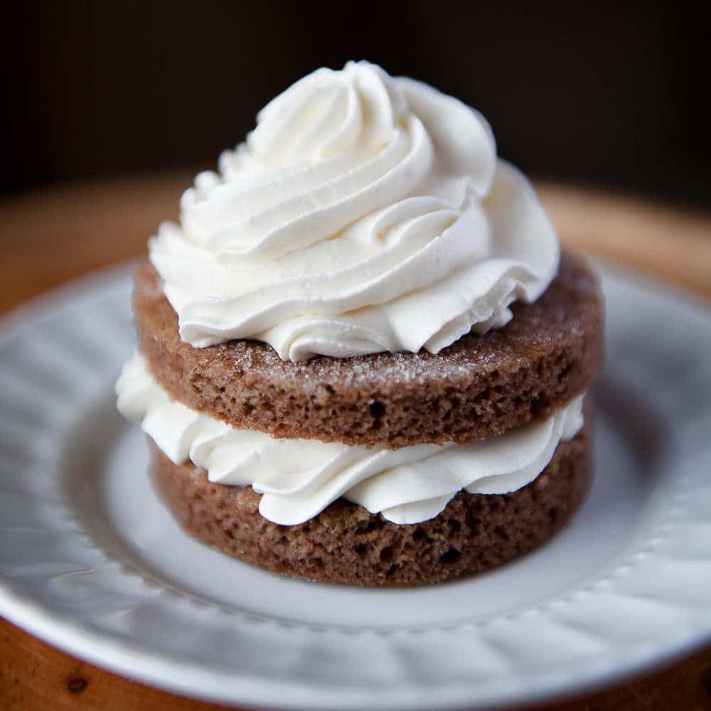 whipped cream piped between two round pieces of chocolate cake on a white plate