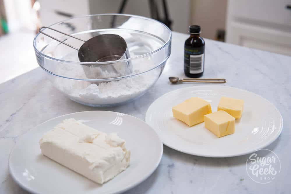 cream cheese frosting ingredients. Cream cheese, butter, powdered sugar, extract