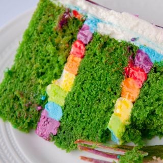 How to make a green velvet cake with rainbow buttercream filling. It actually tastes really good! This recipe is adapted from a real red velvet cake and has a delicious flavor