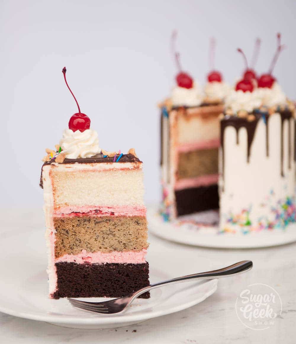 Slice of banana split cake 