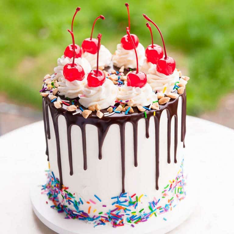 Banana Split Cake (with Chocolate Drip) 