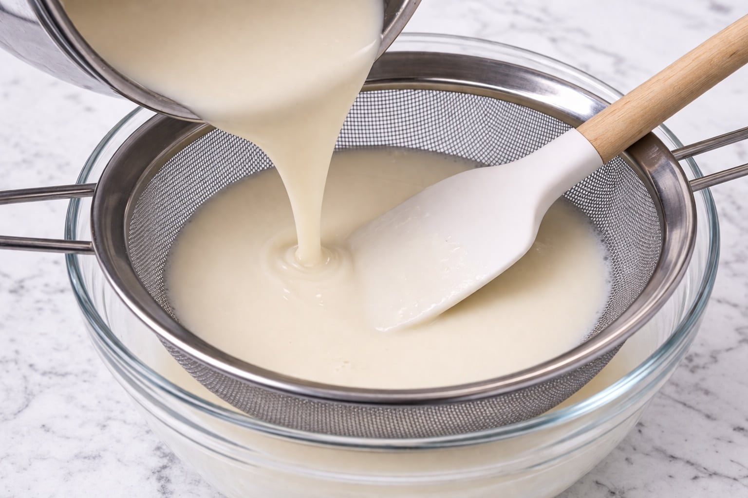 Ermine frosting roux being strained through a strainer with a white spatula.