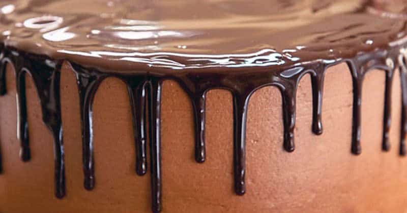 close up of chocolate drip on a chocolate cake