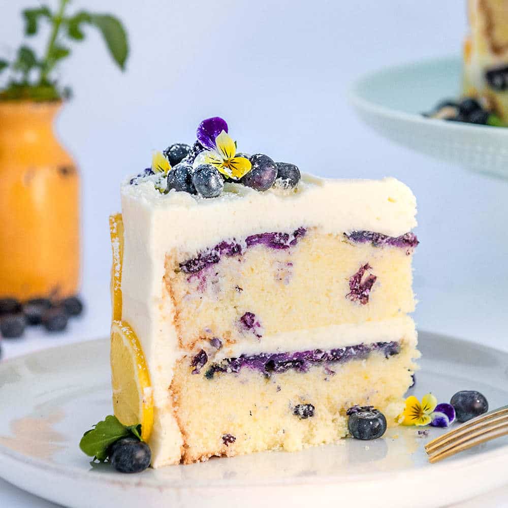 slice of lemon blueberry cake on a white plate