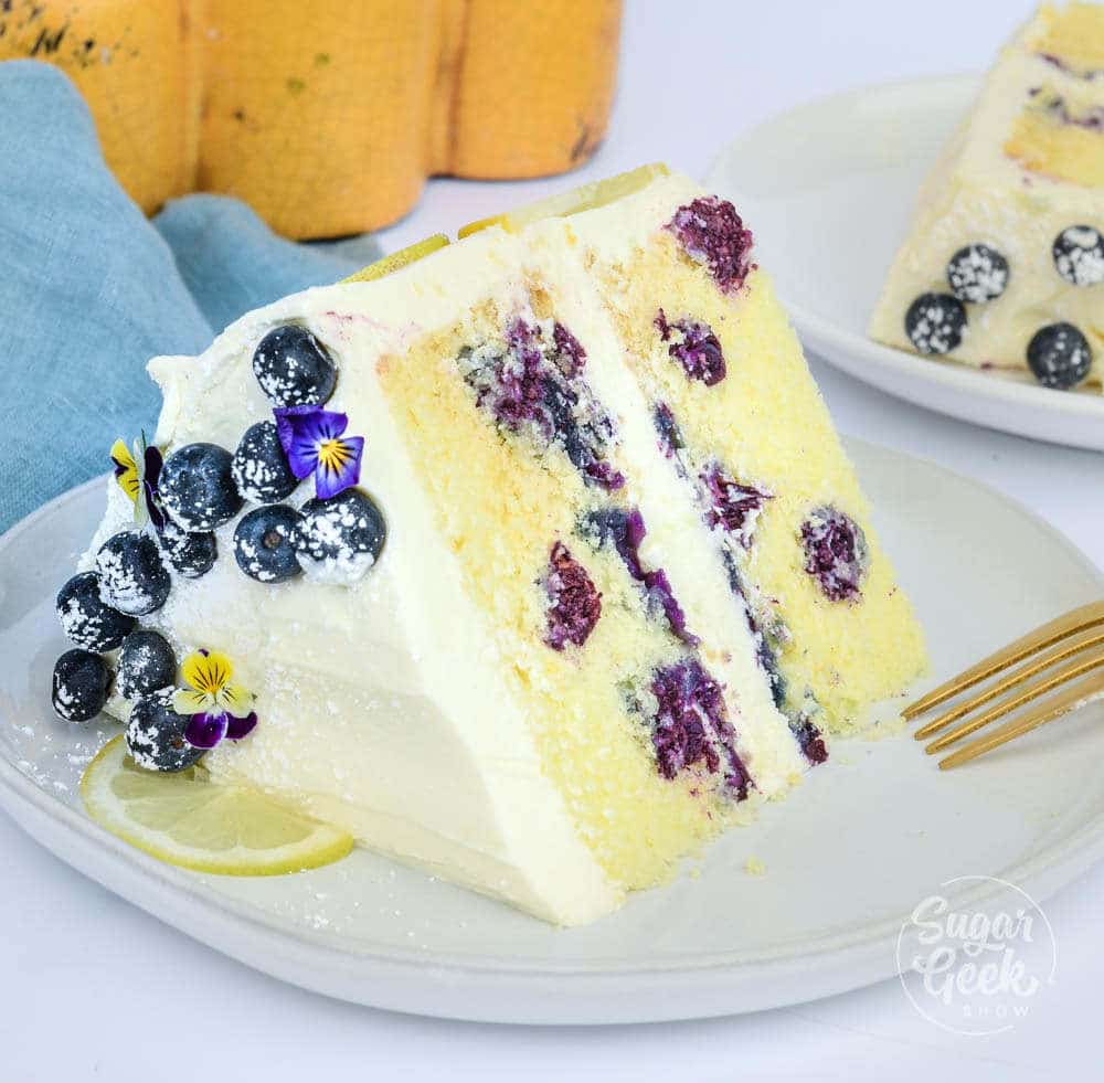 lemon blueberry cake slice with fresh blueberries and cream cheese frosting