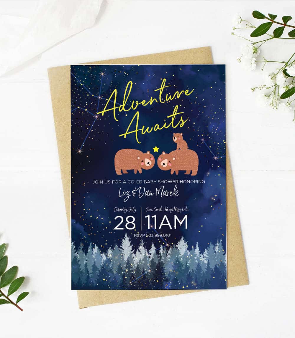 adventure awaits bear baby shower invitation 