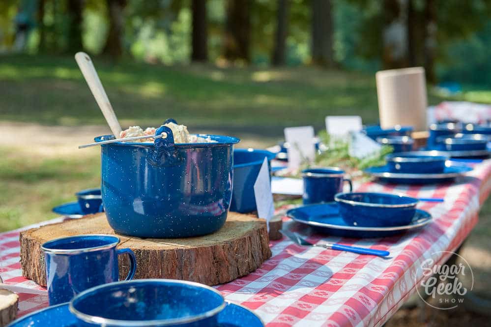 blue camping plates for outdoor baby shower at the lake