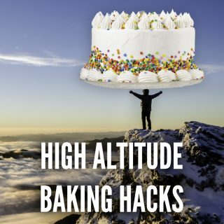 high altitude baking hacks. Baker stands at the top of a mountain holding a giant frosted cake with sprinkles