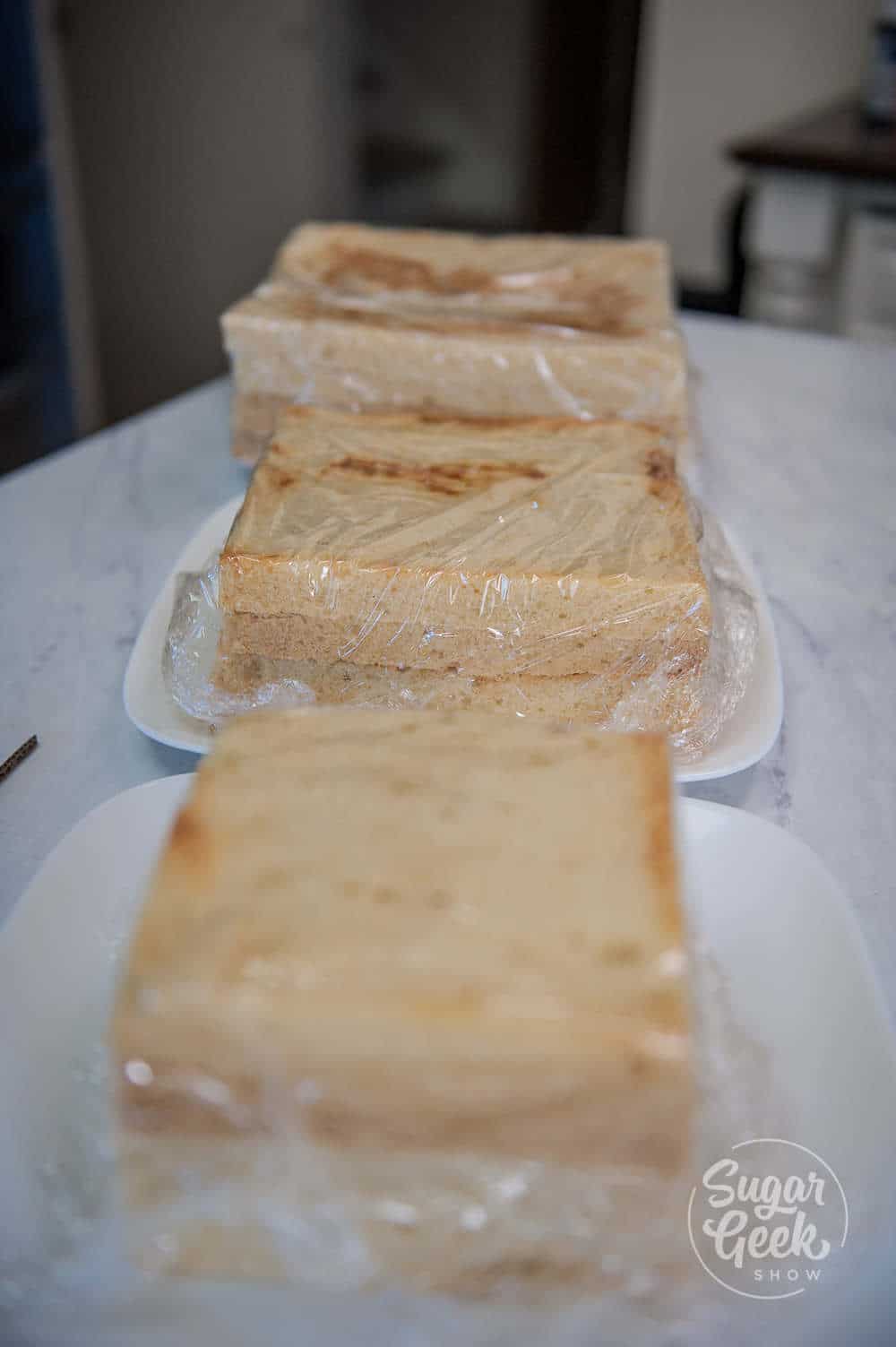 Square cakes prepped and ready for decorating.