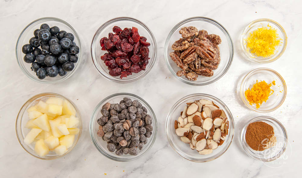 ingredients in small glass bowls to be mixed into basic muffin batter