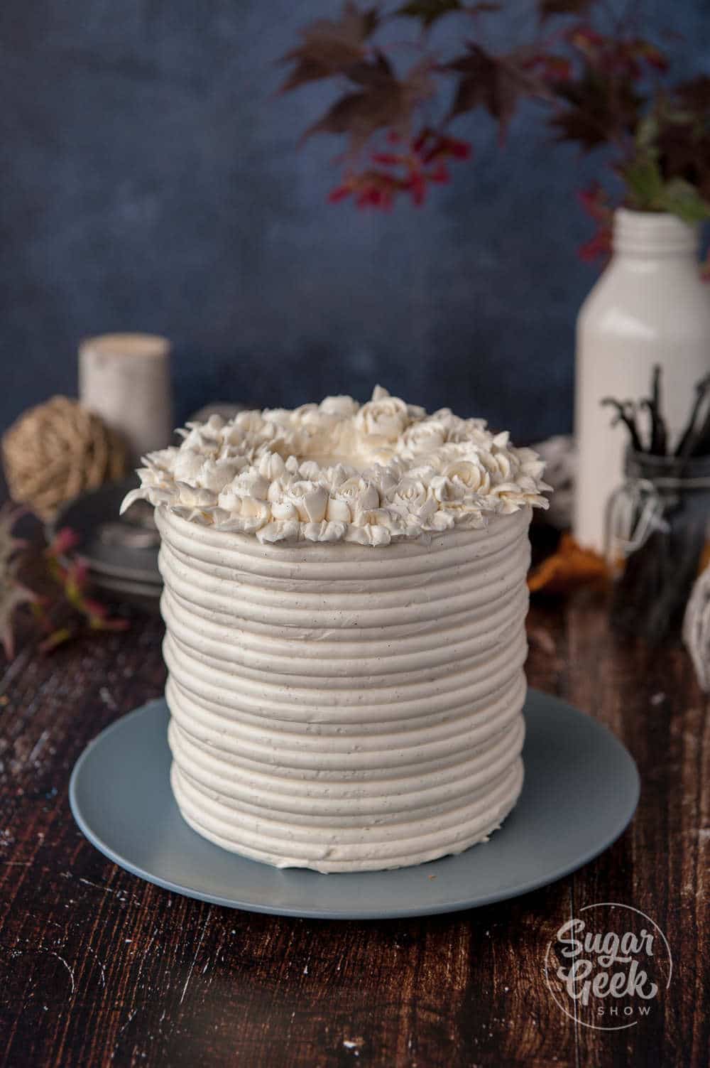 brown butter cake with vanilla bean buttercream flowers