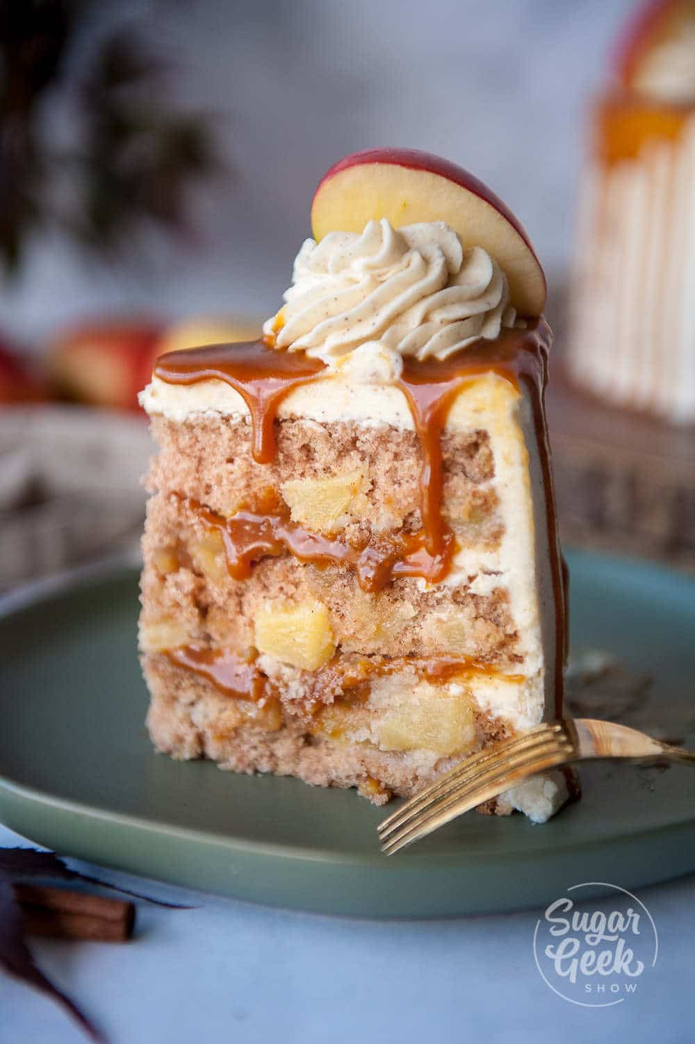 fresh apple cake slice on green plate