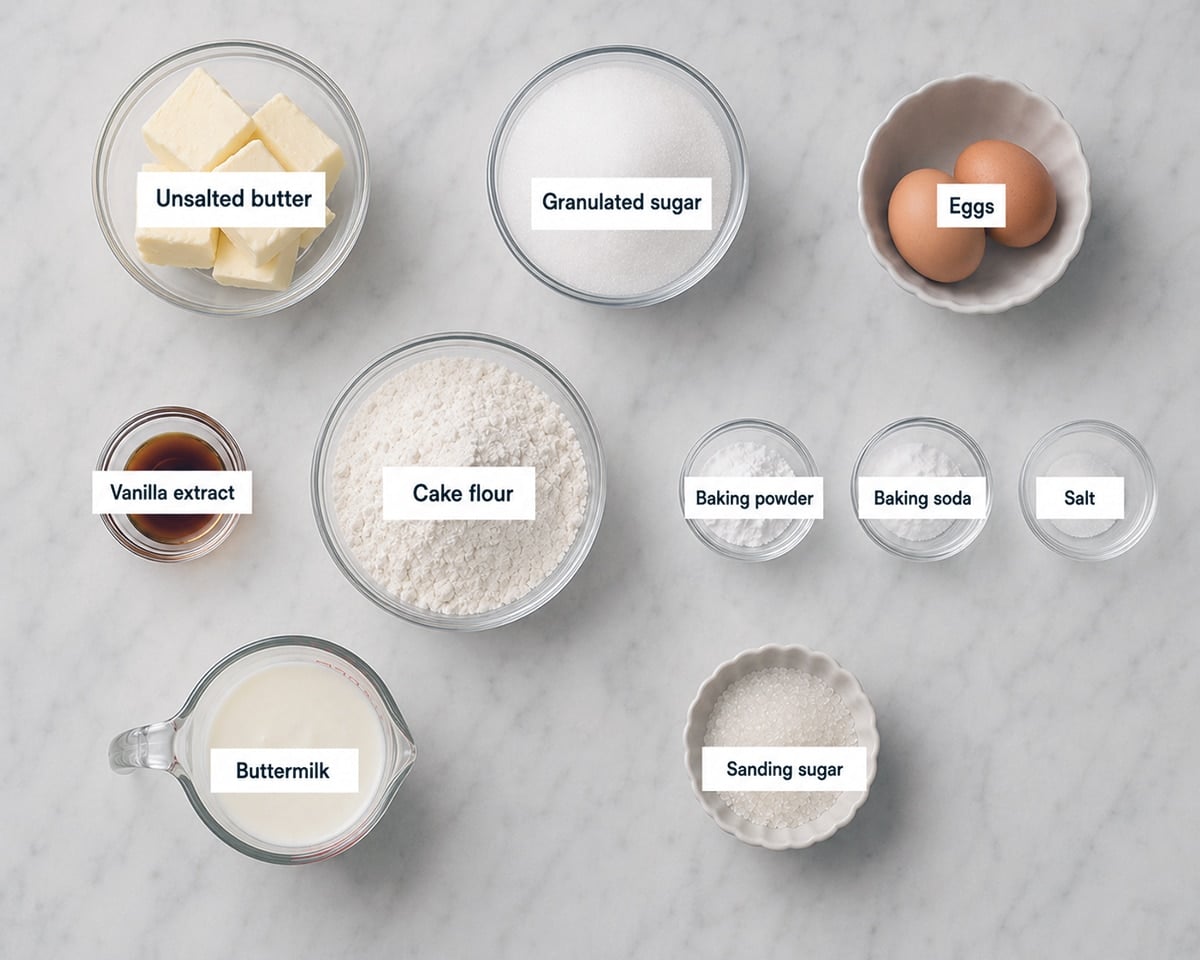 Muffin ingredients in various sizes of bowls on a white countertop.