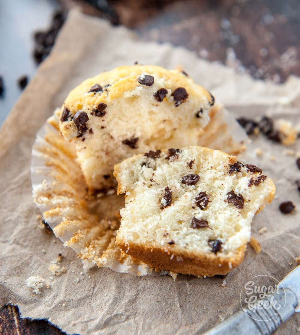 moist chocolate chip muffins cut in half