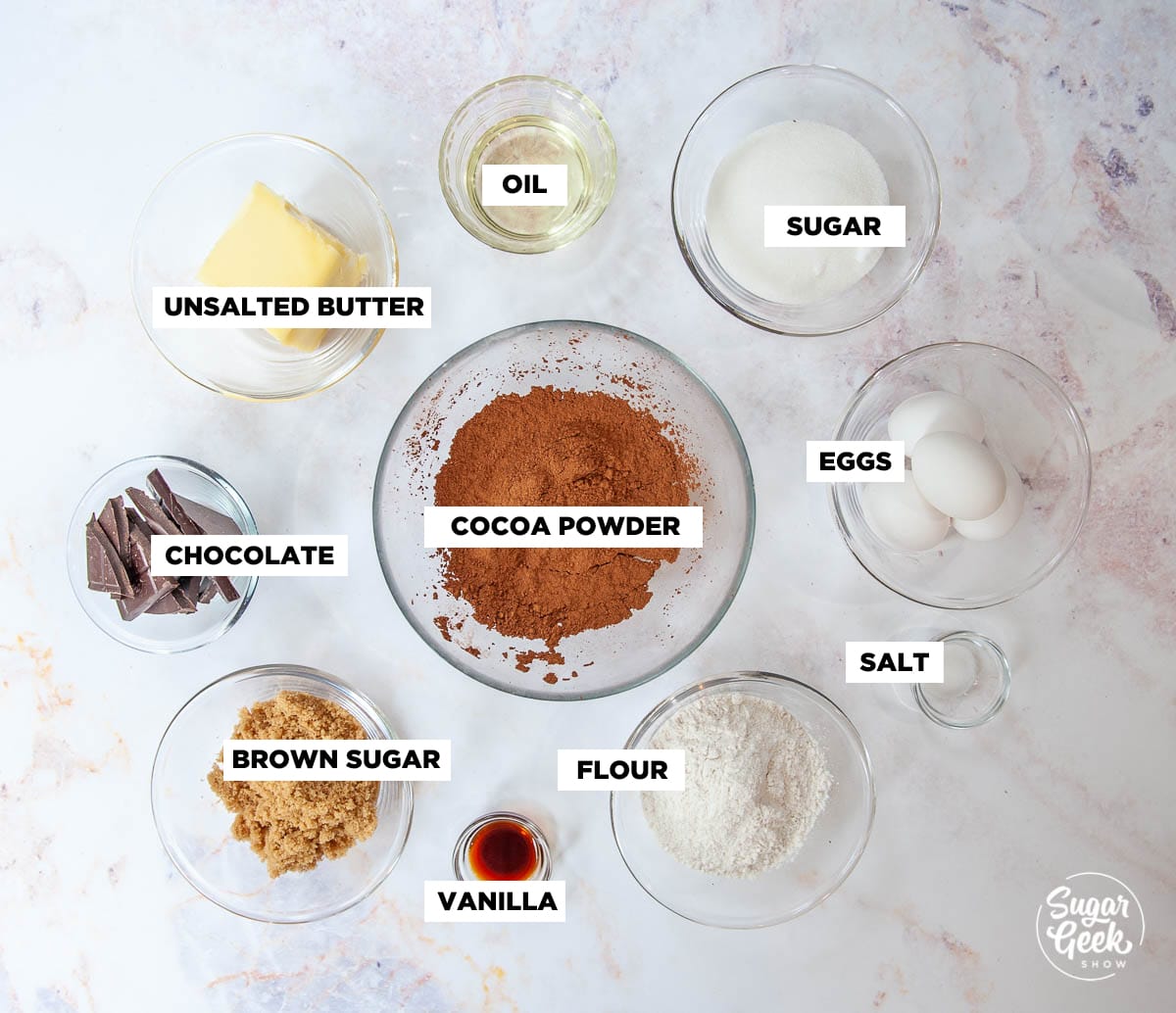 overhead shot of brownie ingredients 