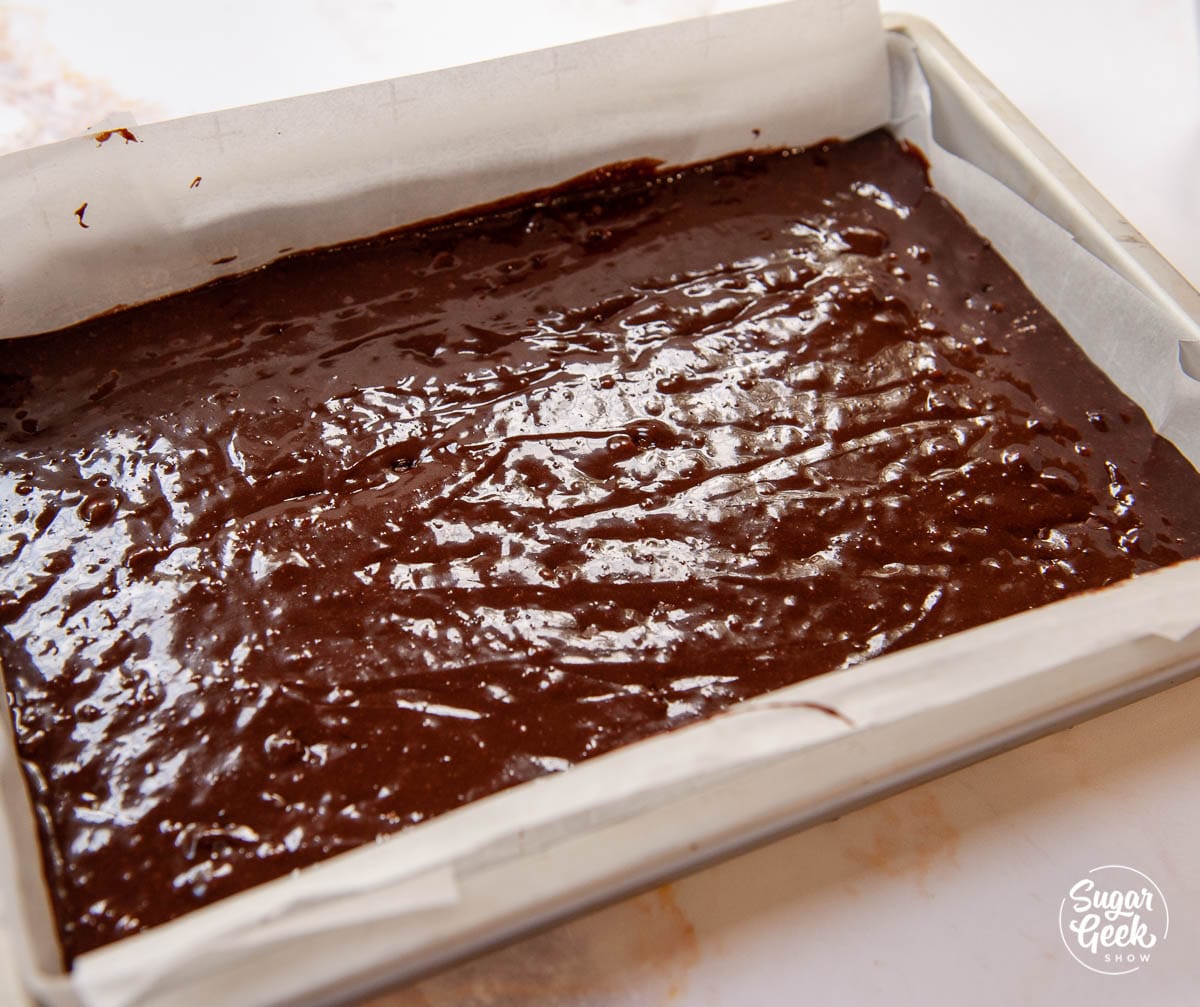 closeup of brownie batter in a cake pan