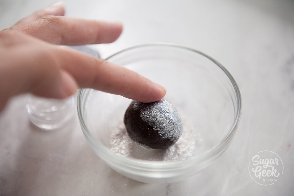 chocolate crinkle cookie dough rolled in edible glitter