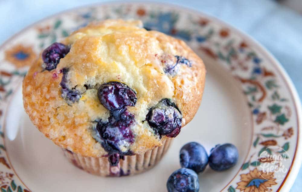 lemon blueberry muffin on a plate with floral pattern on the rim