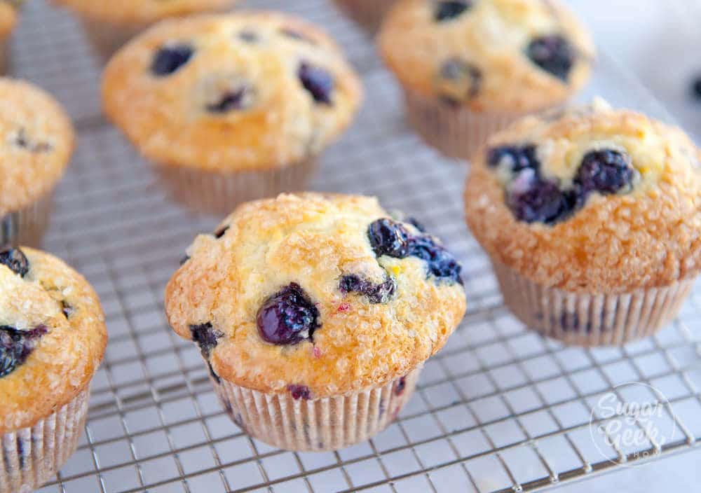 lemon blueberry muffins on cooling rack