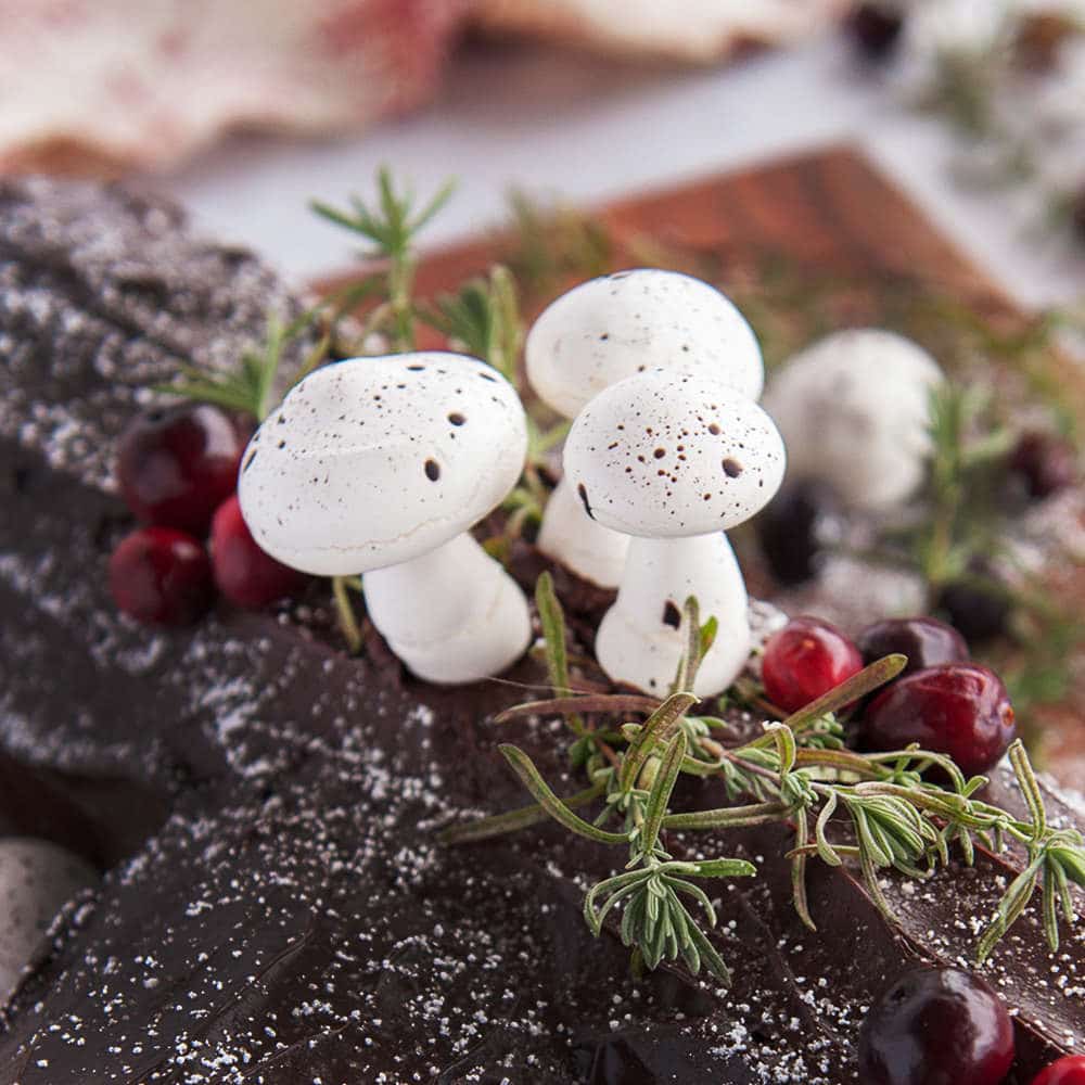 meringue mushrooms on a buche de noel cake