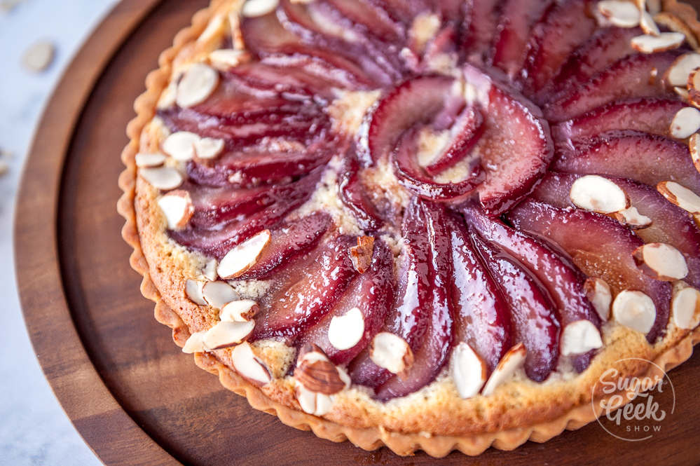 red wine poached pear frangipane tart