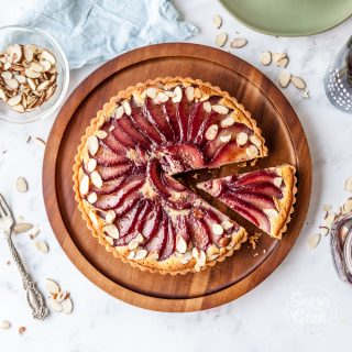 red wine pear frangipane tart