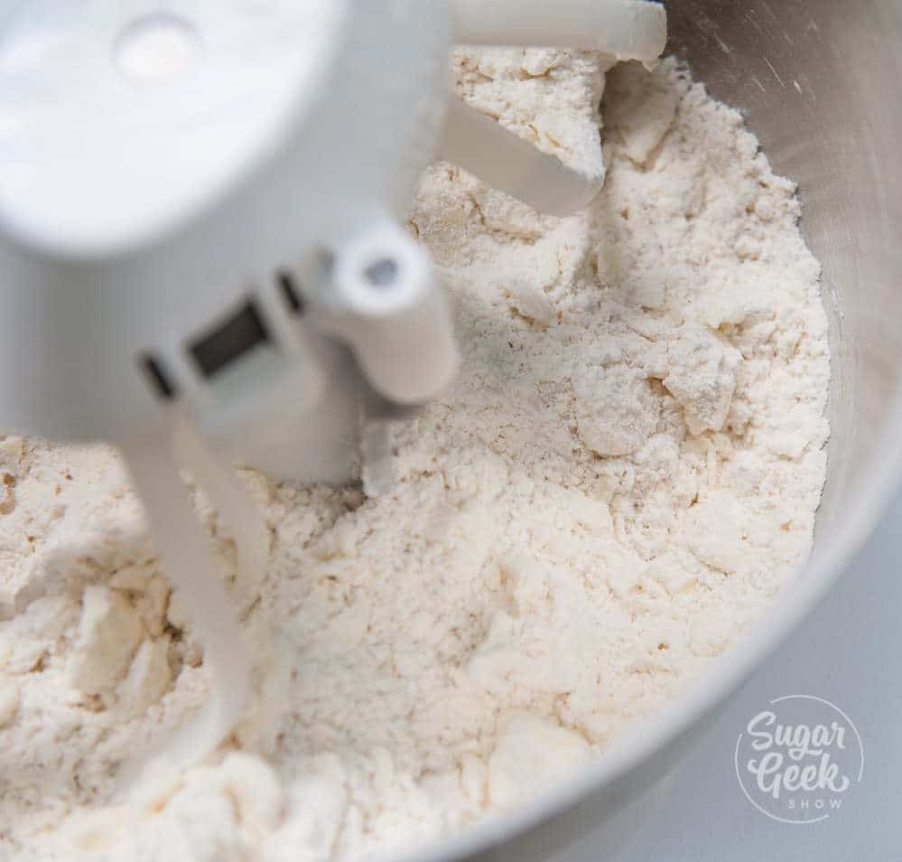 closeup of mealy pie dough in a mixer