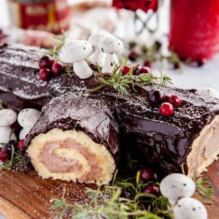 close up of buche de noel cake