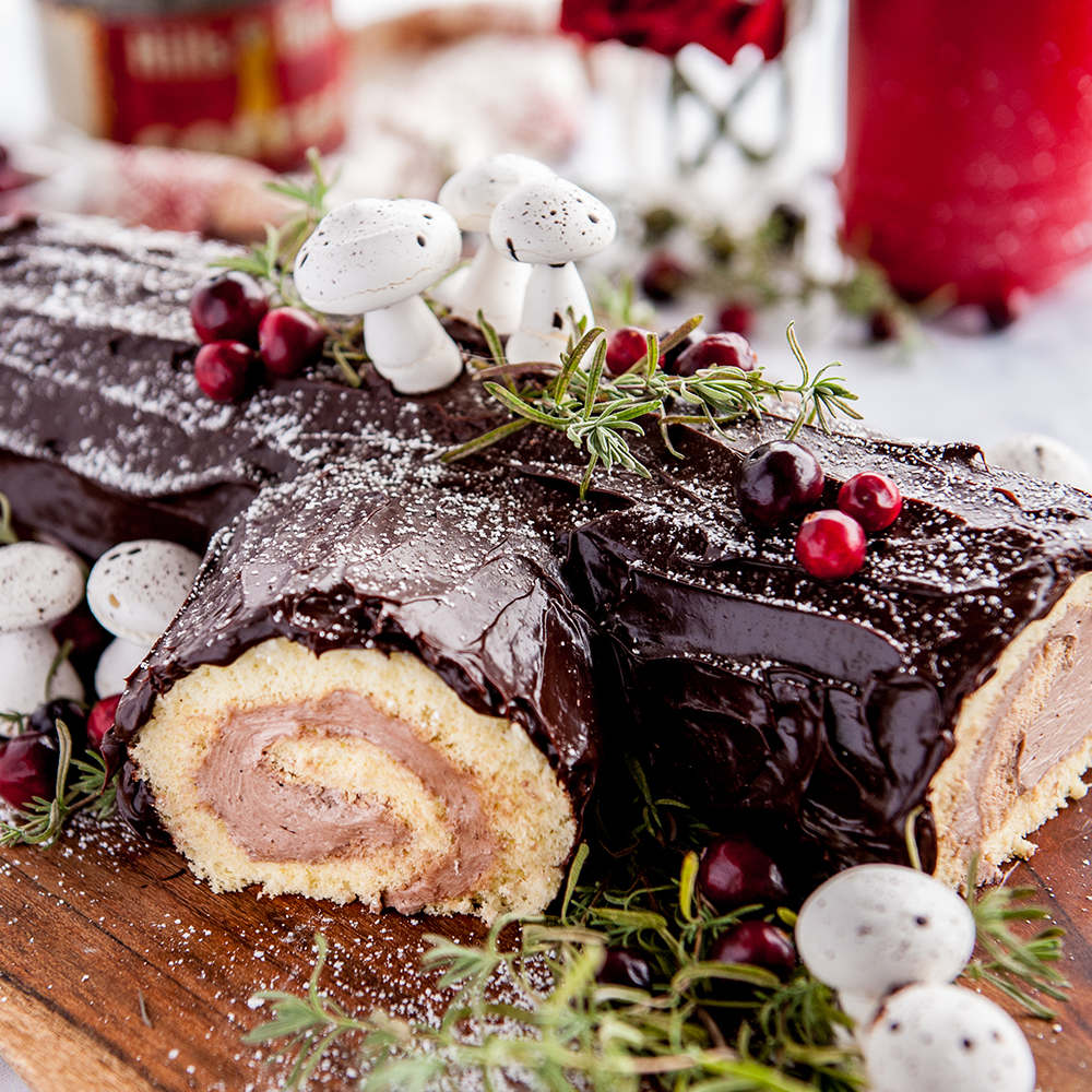 close up of buche de noel cake